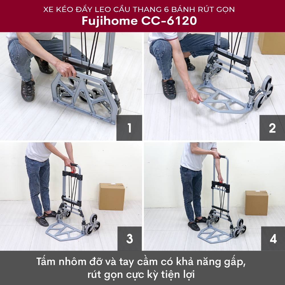 Xe đẩy hàng gấp gọn tay kéo linh hoạt CC-6120 FUJIHOME Nhập Khẩu, Xe kéo hàng tải trọng cao khung thép dày chở hàng nặng