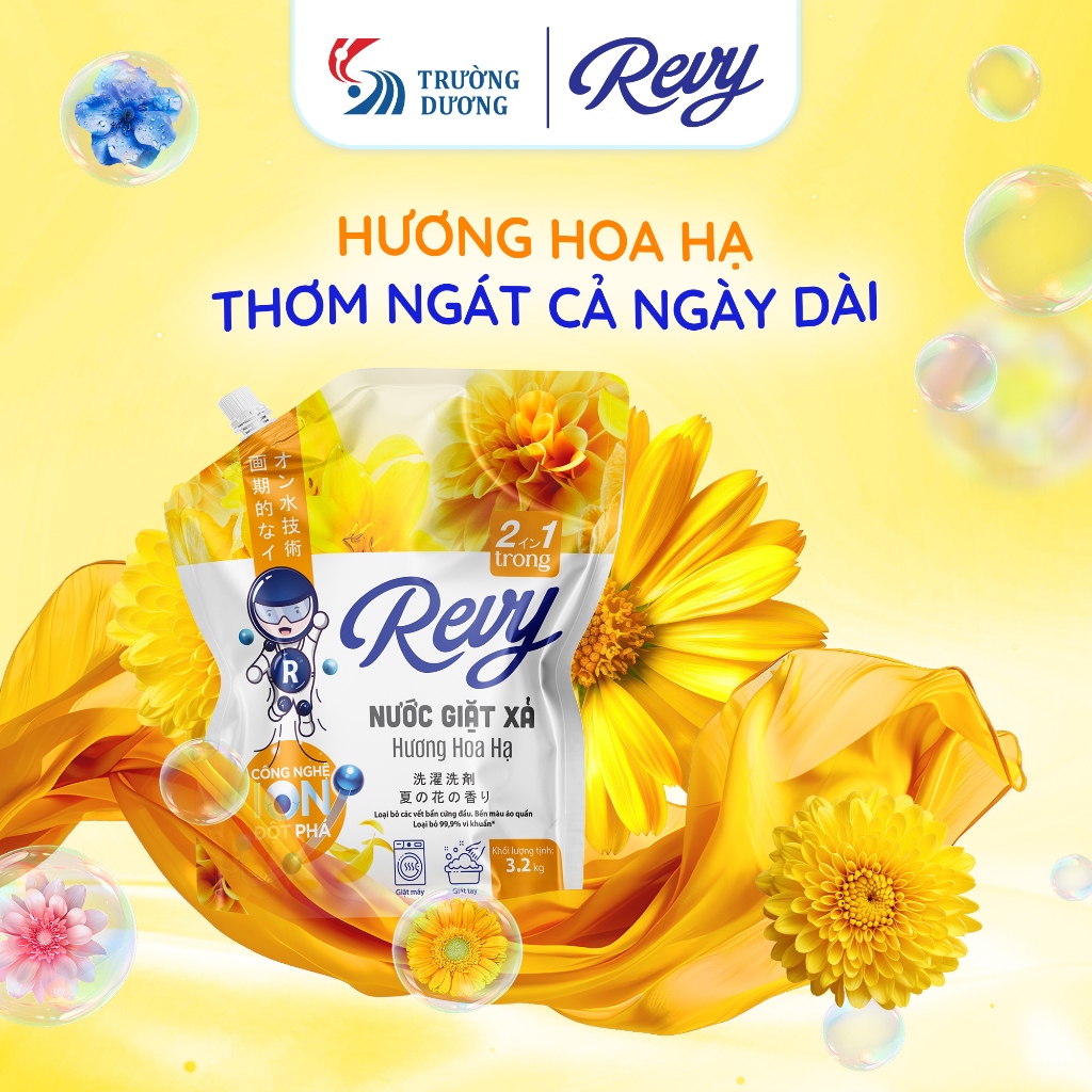Revy Nước Giặt Xả 2 trong 1-TÚI 3.2kg - Công Nghệ ION Đột Phá Làm Sạch Nhanh Mềm Vải Hương Thơm Mát