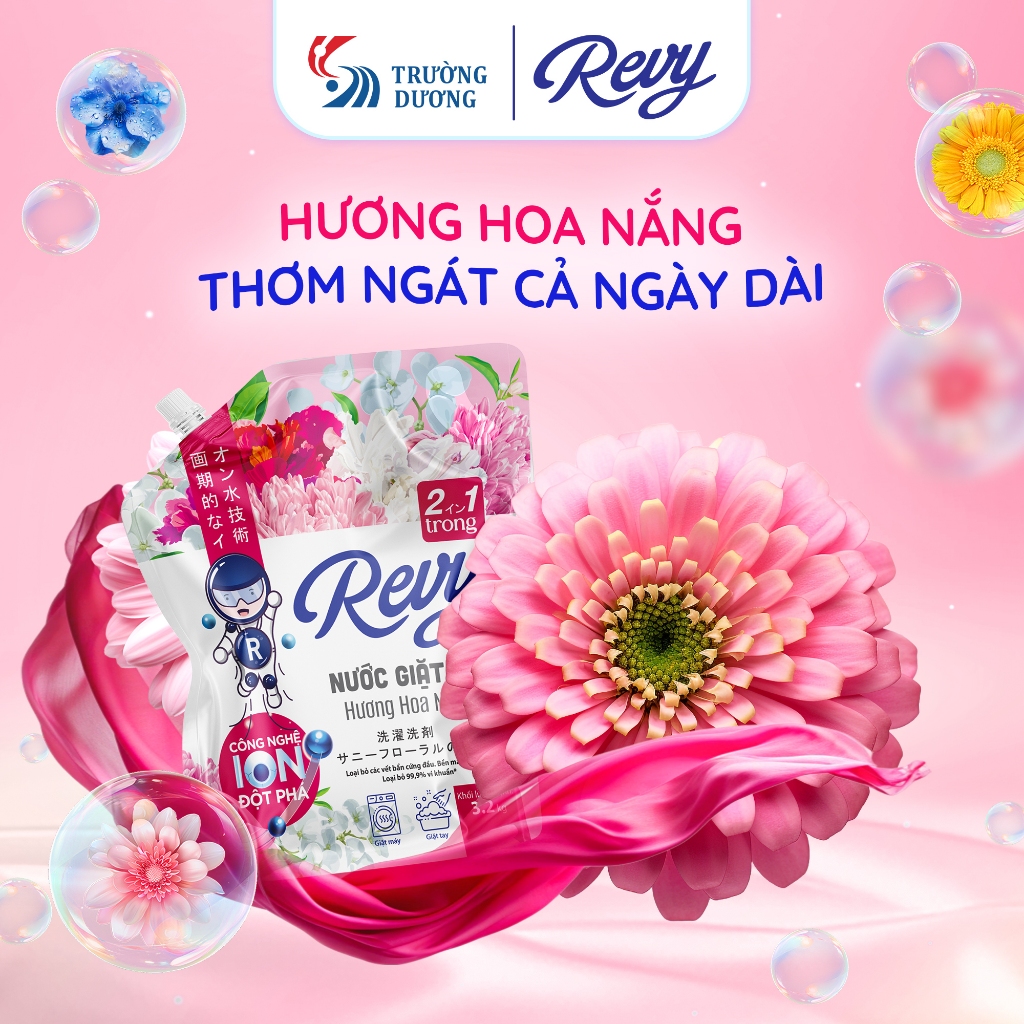 Revy Nước Giặt Xả 2 trong 1-TÚI 3.2kg - Công Nghệ ION Đột Phá Làm Sạch Nhanh Mềm Vải Hương Thơm Mát