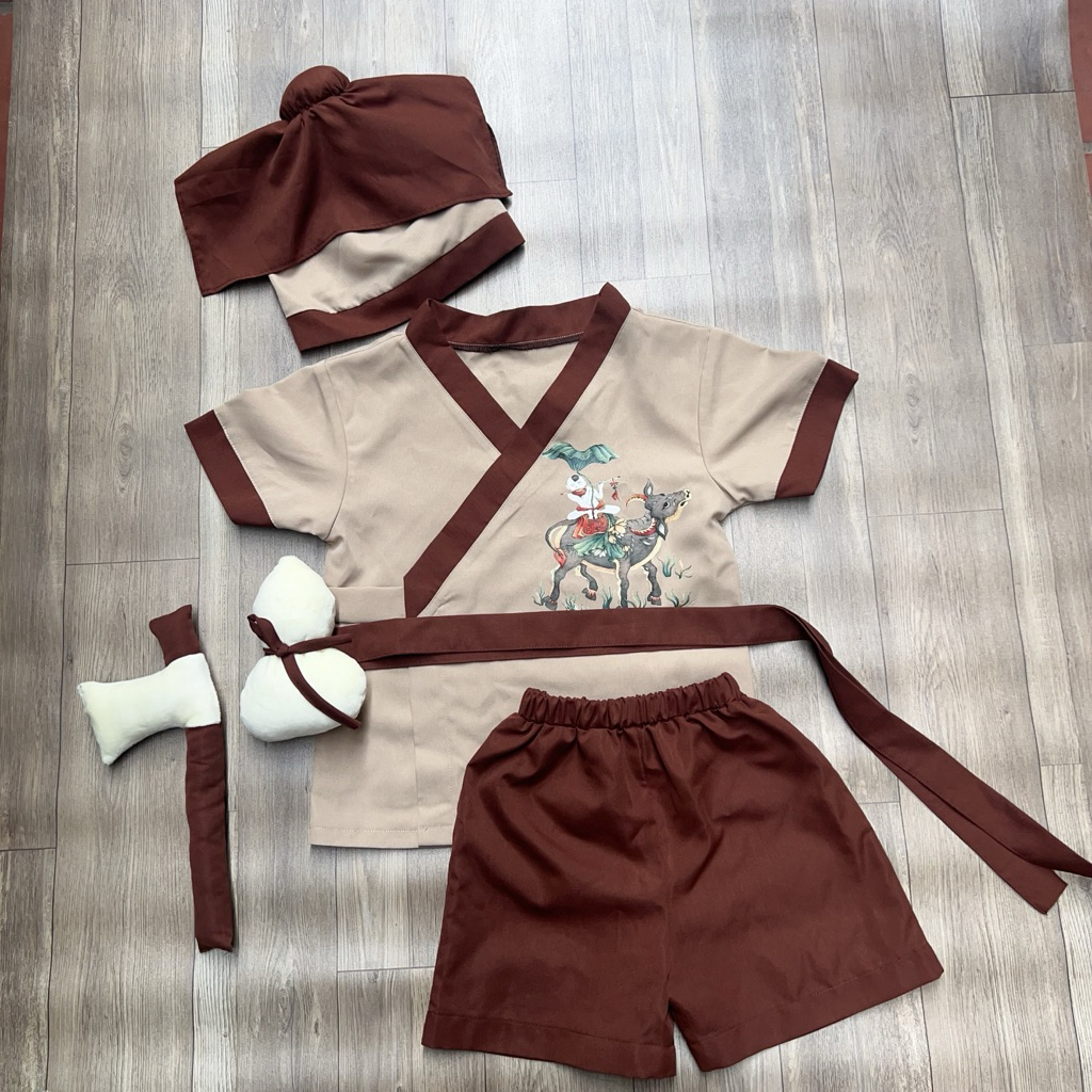 (SẴN SHIP --HỎA TỐC  )Bộ Tiều Phu- Chú Cuội- Cổ Trang Halloween tặng kèm Rìu, Bình rượu, Mũ cho bé trai bé gái 7-19kg
