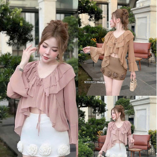 Set váy thời trang nữ chất áo Tơ cổ V phối bèo tay dài loe váy ngắn ôm Cotton lạnh đính bông nổi bật sang chảnh có lót