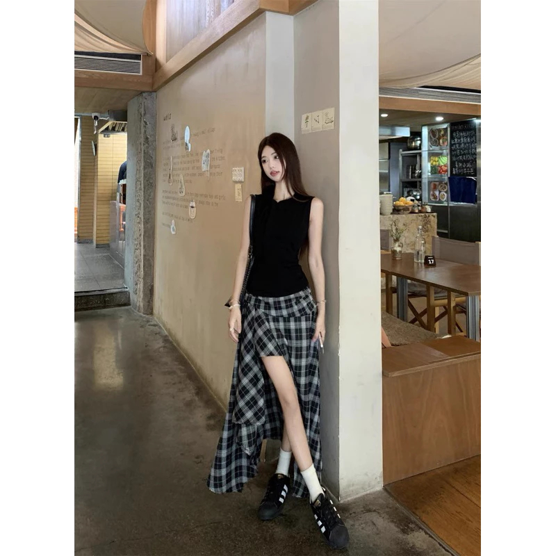 [KH13] Chân váy dài kẻ caro xẻ tà Vintage Nữ Tính Cá Tính Phong Cách Hàn Quốc | KHAO BOUTIQUE