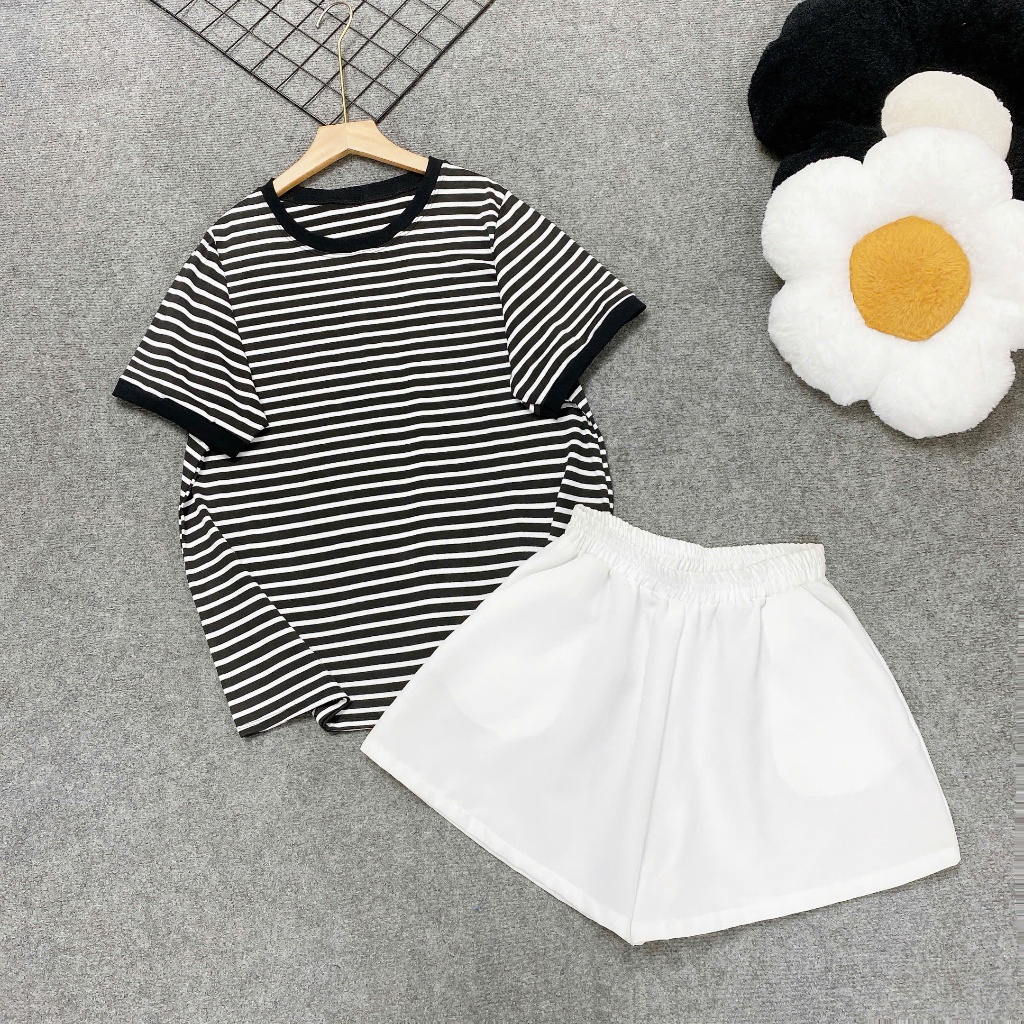 Set Đồ Nữ Bigsize Áo Thun Sọc Ngang Tay Ngắn + Quần Short Trơn Năng Động A294+Q500