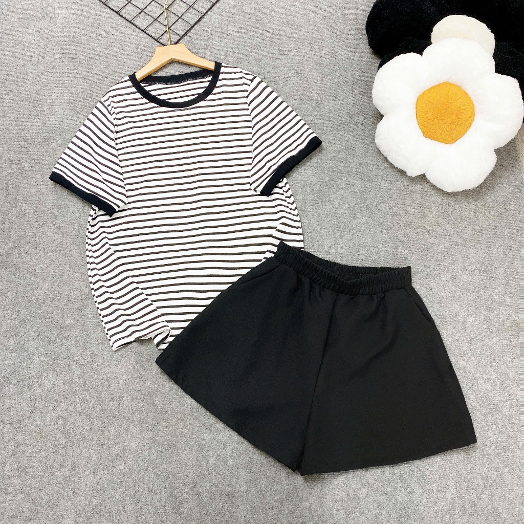 Set Đồ Nữ Bigsize Áo Thun Sọc Ngang Tay Ngắn + Quần Short Trơn Năng Động A294+Q500
