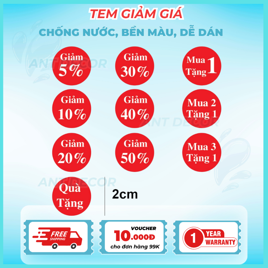 Tem giảm giá, giảm 5%, giảm 10%, giảm 30%, giảm 40%, giảm 50%, mua 2 tặng 1 (100tem)