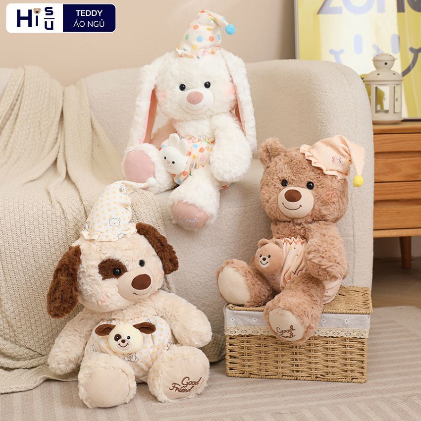 Gấu bông teddy mặc đồ ngủ dễ thương, Thú nhồi bông teddy lông xù làm gấu ôm ngủ cho bé, mọi người, Bobesu