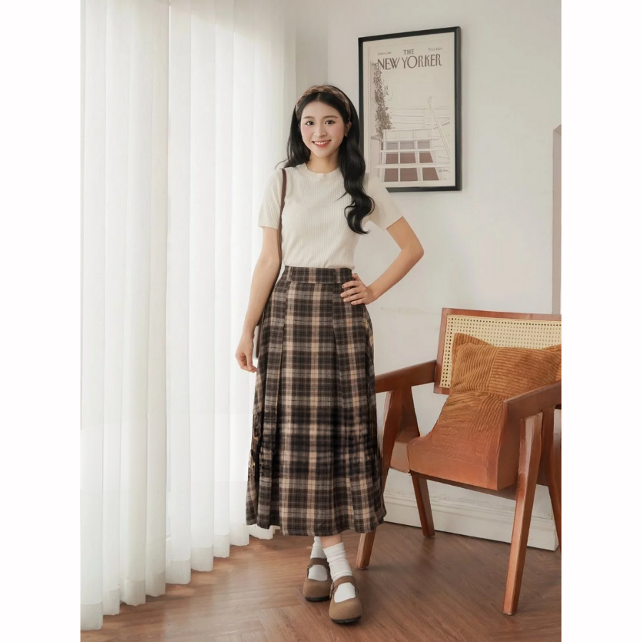 [KH25] Chân váy xoè caro dáng dài xếp ly eo chun khóa thanh lịch vintage cá tính | Khao Boutique