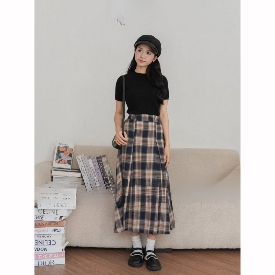 [KH25] Chân váy xoè caro dáng dài xếp ly eo chun khóa thanh lịch vintage cá tính | Khao Boutique