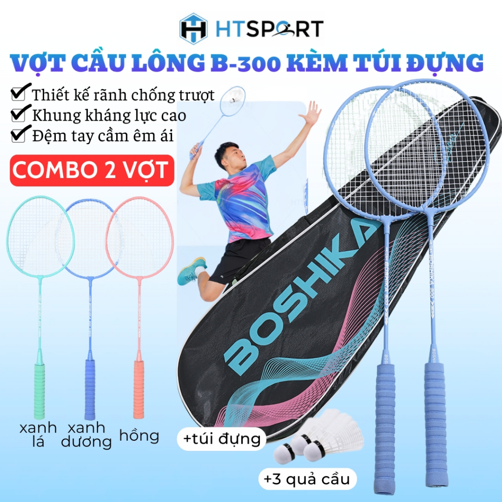 Bộ 2 Vợt Cầu Lông B-300 Kèm Túi Đựng, Cặp Vợt Cho Người Mới Bắt Đầu, Bền Chắc Nhiều Màu Kèm Cầu