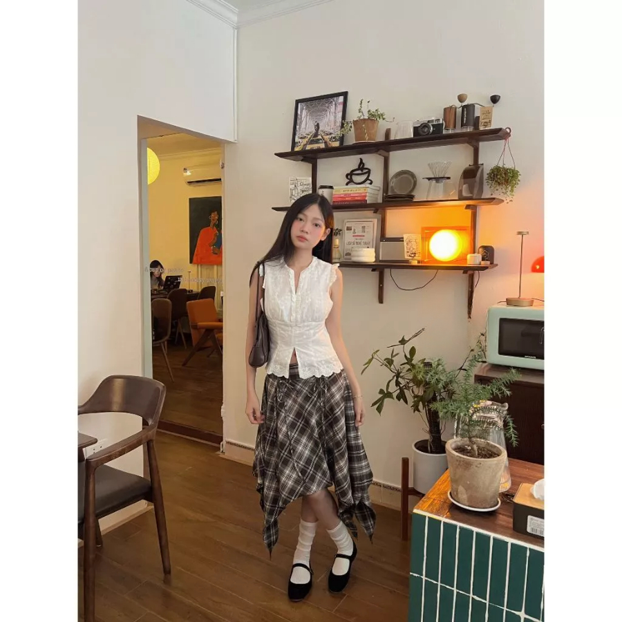 [KH34] Chân váy caro nữ phối dây phong cách Hàn Quốc, chân váy tà dài bất đối xứng | KHAO BOUTIQUE
