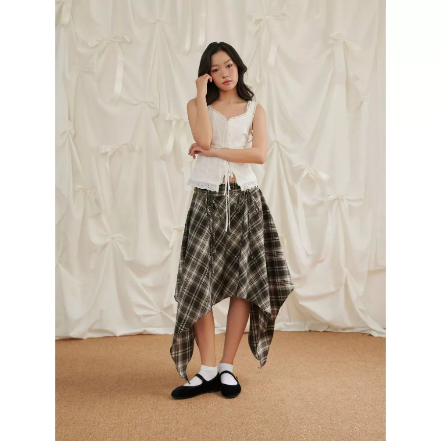 [KH34] Chân váy caro nữ phối dây phong cách Hàn Quốc, chân váy tà dài bất đối xứng | KHAO BOUTIQUE