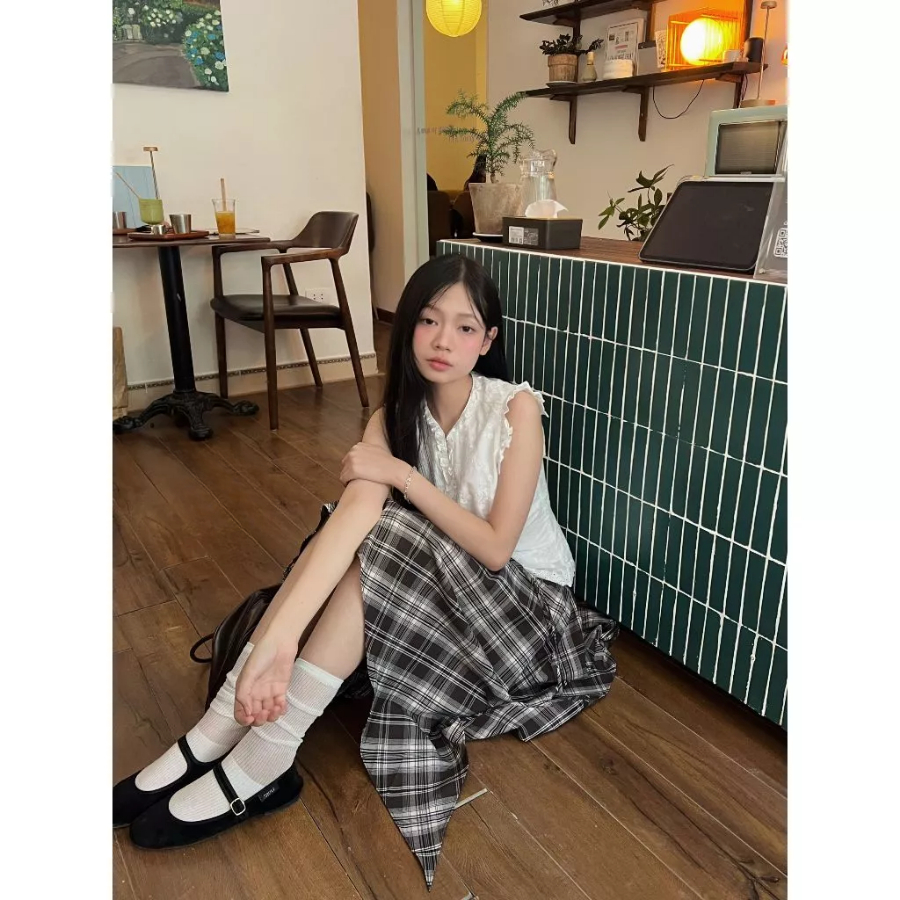 [KH34] Chân váy caro nữ phối dây phong cách Hàn Quốc, chân váy tà dài bất đối xứng | KHAO BOUTIQUE