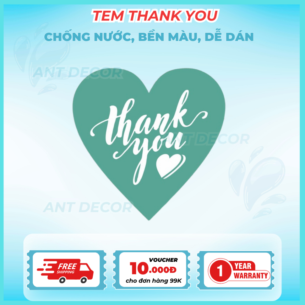 100 tem Thank You hình trái tim Decal dán nhiều màu - nhãn dán thanks - tem cám ơn cho shop
