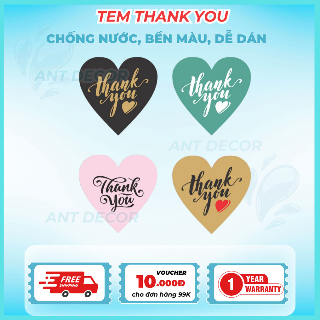 100 tem Thank You hình trái tim Decal dán nhiều màu - nhãn dán thanks - tem cám ơn cho shop