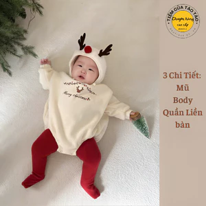Sẵn Ship- Hỏa Tốc Set Noel Tuần Lộc NỈ BÔNG kèm Mũ và Quần tất cover Hàn Quốc cho bé trai bé gái từ 4-13kg mặc tết