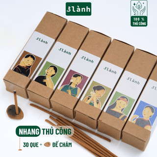 Nhang Thủ Công 3 Lành Hộp 30 Que Xông Thơm 100 % Tự Nhiên Không Hóa Chất Tặng Kèm Đế Chăm