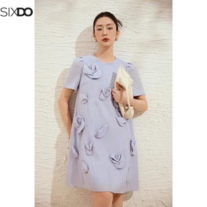 Đầm tím suông hoa 3D ngắn tay cổ tròn SIXDO (Light Purple 3D Flower Organza Loose Dress)