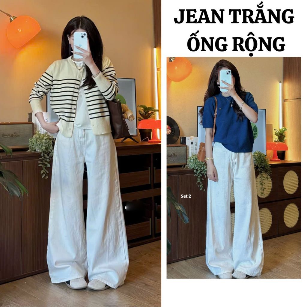 Quần Jean Nữ Ống Rộng 28-33cm Trắng CẠP CAO chất Jean dày dặn tôn dáng MIAA Basic BIGSIZE