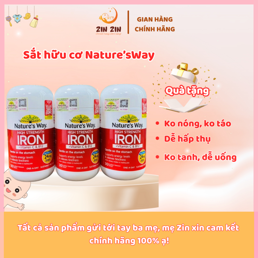 Viên Uống Sắt Hữu Cơ, Sắt Bầu Nature’s Way High Strength Iron Cung Cấp Vitamin C Và B12 Hỗ Trợ Chuyển Hoá Năng Lượng