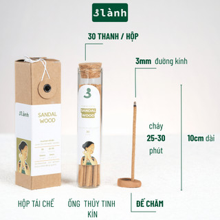Nhang Thủ Công Đàn Hương 3 Lành Hộp 30 Que Xông Thơm 100 % Tự Nhiên Không Hóa Chất Tặng Kèm Đế Chăm