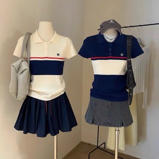Áo Polo Len Viền Sọc Nữ Ngắn Tay Chất Len Mongtoghi Form Dáng Boxy Vừa Vặn Tôn Dáng Hàng Quảng Châu.