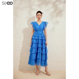 Đầm xoè xanh tơ organza phối bèo SIXDO (Blue Organza Flared Dress)