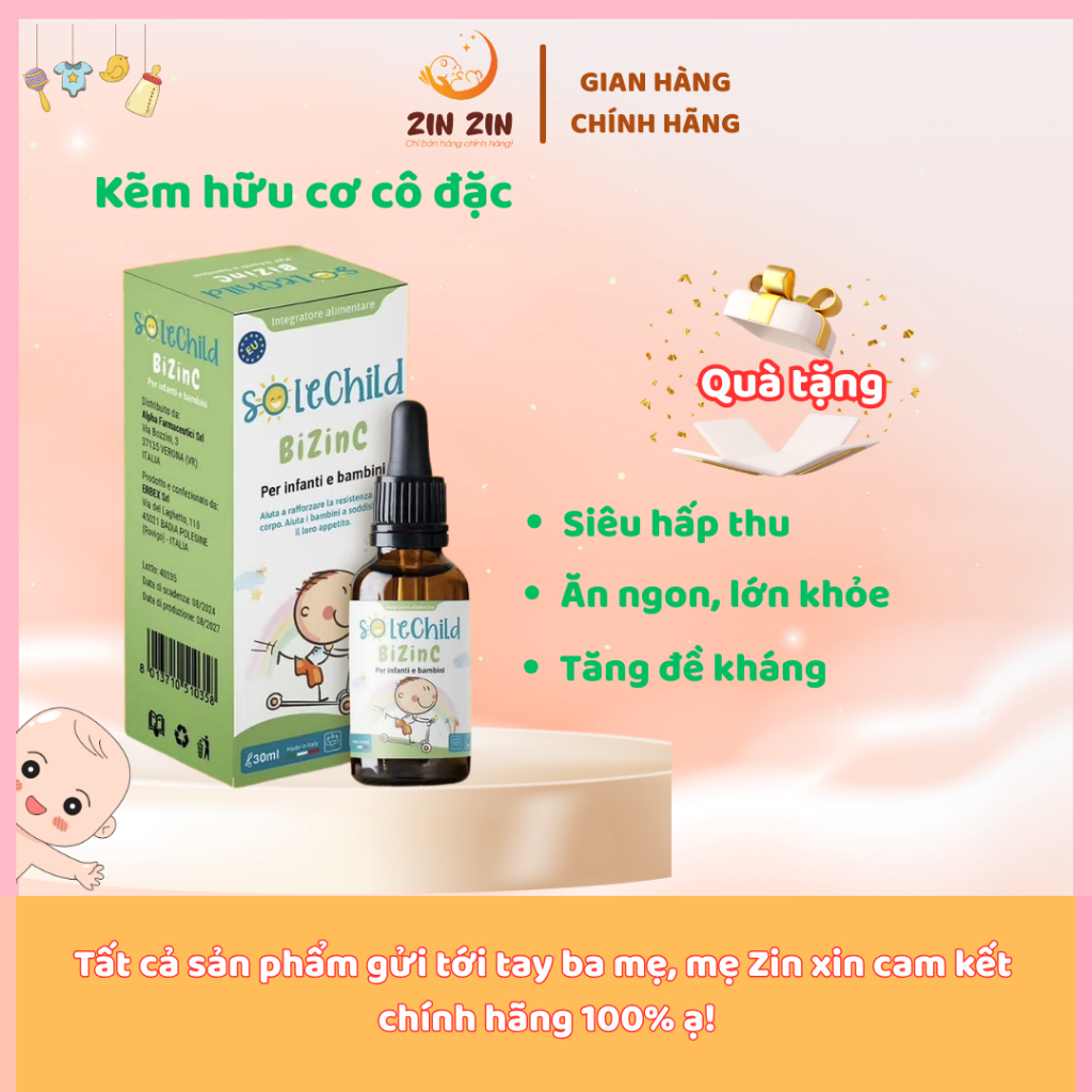 Kẽm Ăn Ngon Cho Bé SOLECHILD BiZinC 30ml Giúp Bé Ăn Nhiều Tăng Cân, Đề Kháng Khỏe, Giảm Ốm Vặt