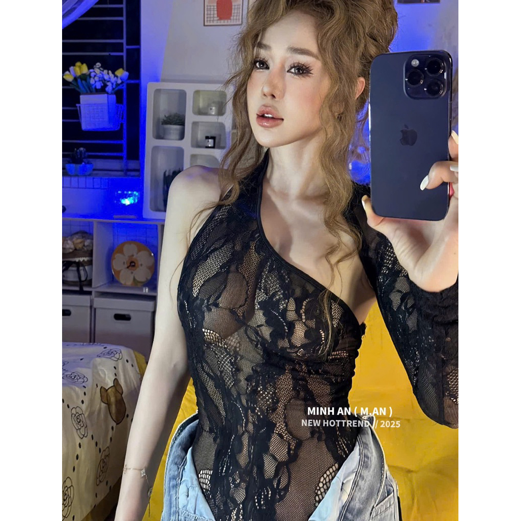 Áo ren mỏng hàng 1 lớp lệch vai sexy gợi cảm mlem mlem