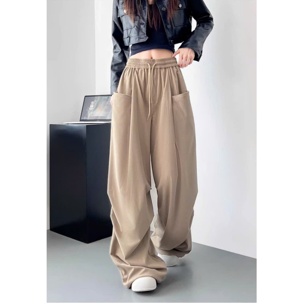 Quần Ống Rộng Nữ Kaki Túi Chéo Mẫu Mới Đẹp Xếp Ly Thời Trang Trẻ Trung Hack Dáng Che Khuyết Điểm