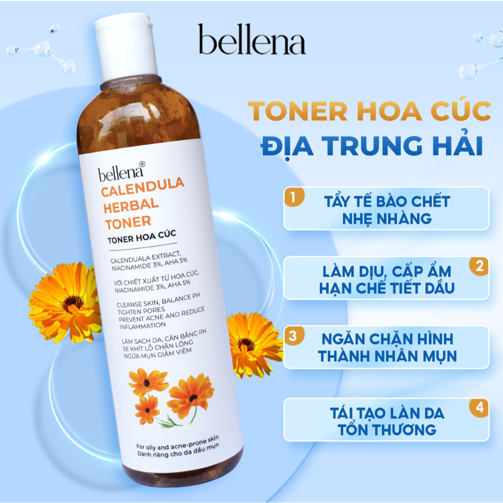 Toner Nước Cân Bằng Hoa Cúc Bellena Chamomile Herbal Toner Làm Dịu Cấp Ẩm Cho Da Phù Hợp Da Dầu Mụn 500ml