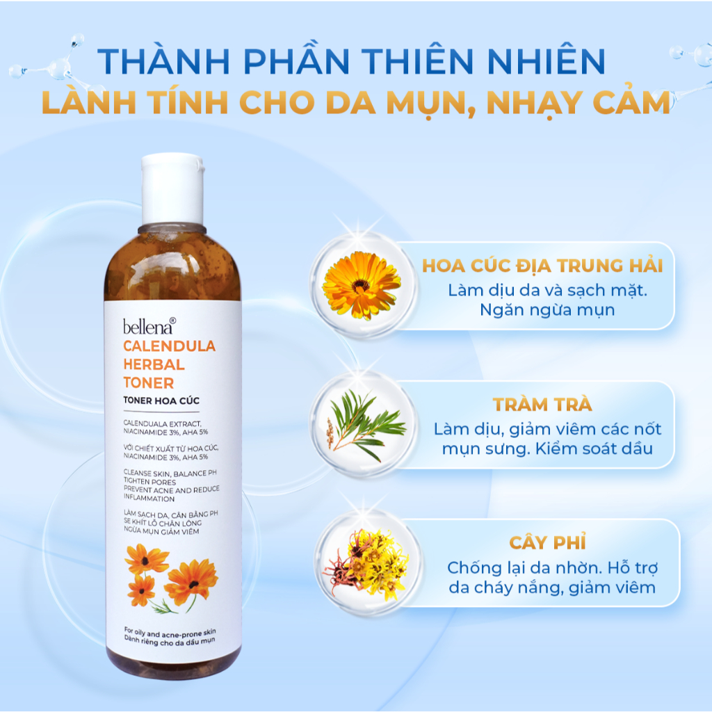Toner Nước Cân Bằng Hoa Cúc Bellena Chamomile Herbal Toner Làm Dịu Cấp Ẩm Cho Da Phù Hợp Da Dầu Mụn 500ml