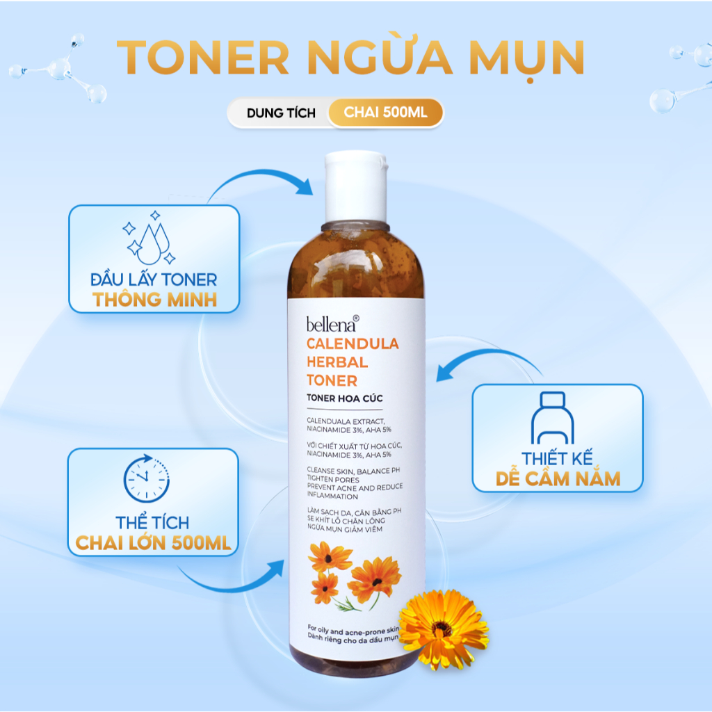 Toner Nước Cân Bằng Hoa Cúc Bellena Chamomile Herbal Toner Làm Dịu Cấp Ẩm Cho Da Phù Hợp Da Dầu Mụn 500ml