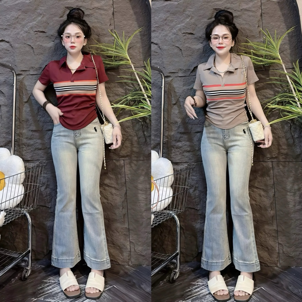[ Có size 38kg - 58kg ]Áo thun nữ Pô Lô Sọc viên trước PHOM ÔM ( Pô Lô Viền B 151 ) Polo Top