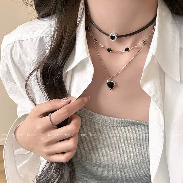Dây chuyền nhiều lớp mặt trái tim phối đá đen huyền bí dây đeo cổ nữ đa tầng cá tính #DC121 | BigBuy360 - bigbuy360.vn