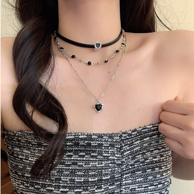 Dây chuyền nhiều lớp mặt trái tim phối đá đen huyền bí dây đeo cổ nữ đa tầng cá tính #DC121 | BigBuy360 - bigbuy360.vn