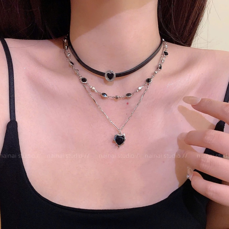 Dây chuyền nhiều lớp mặt trái tim phối đá đen huyền bí dây đeo cổ nữ đa tầng cá tính #DC121 | BigBuy360 - bigbuy360.vn