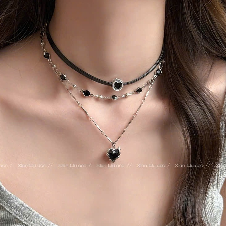 Dây chuyền nhiều lớp mặt trái tim phối đá đen huyền bí dây đeo cổ nữ đa tầng cá tính #DC121 | BigBuy360 - bigbuy360.vn