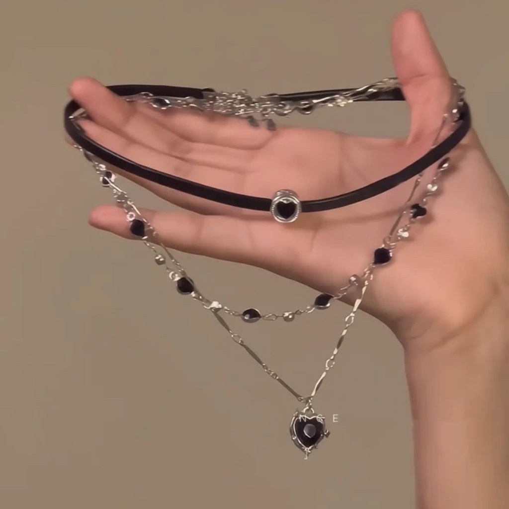 Dây chuyền nhiều lớp mặt trái tim phối đá đen huyền bí dây đeo cổ nữ đa tầng cá tính #DC121 | BigBuy360 - bigbuy360.vn