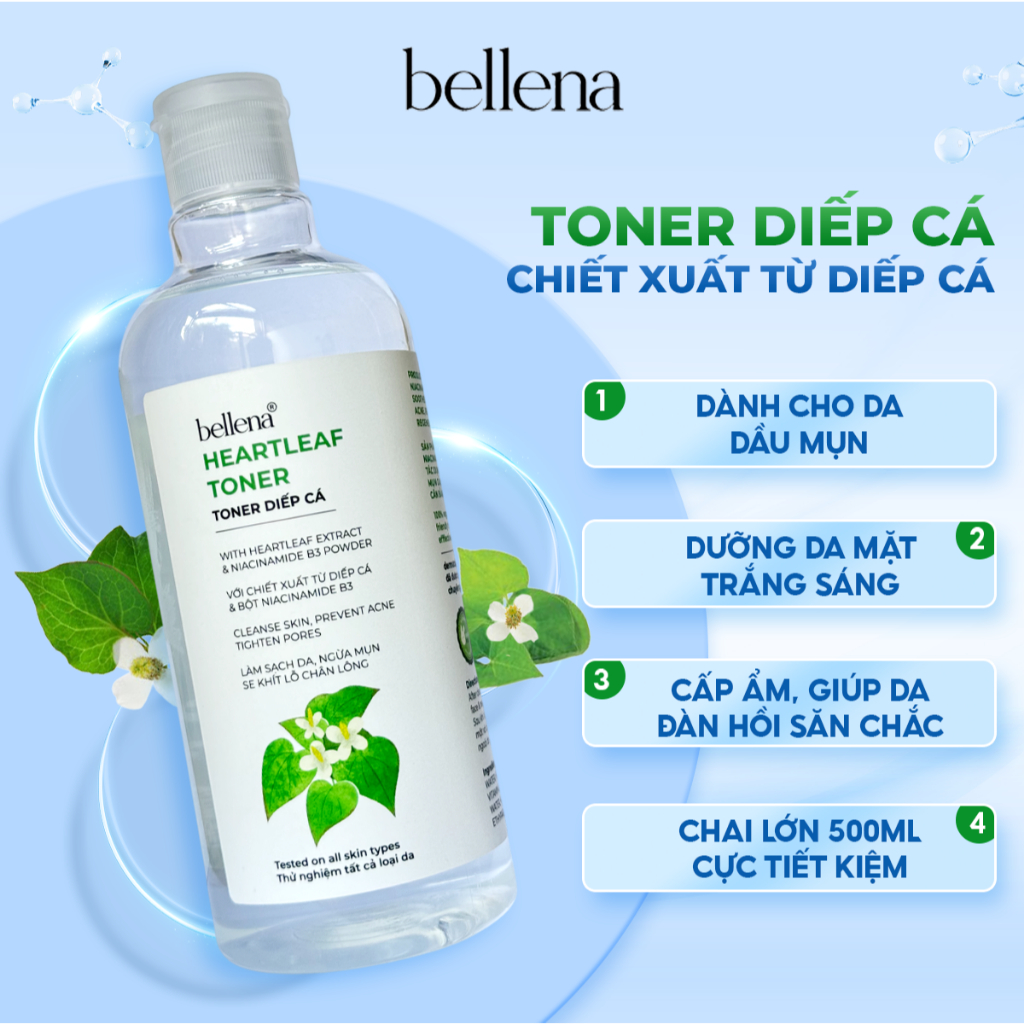 Toner Nước Hoa Hồng Diếp Cá Bellena Heartleaf Toner Hỗ Trợ Giảm Thâm Mụn, Dưỡng Ẩm Hợp Da Dầu Mụn 500ml