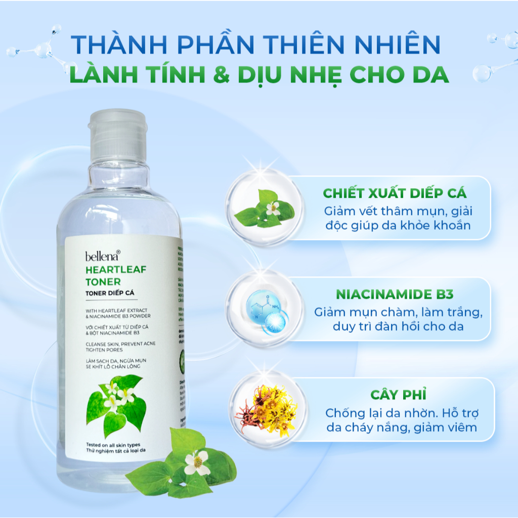 Toner Nước Hoa Hồng Diếp Cá Bellena Heartleaf Toner Hỗ Trợ Giảm Thâm Mụn, Dưỡng Ẩm Hợp Da Dầu Mụn 500ml