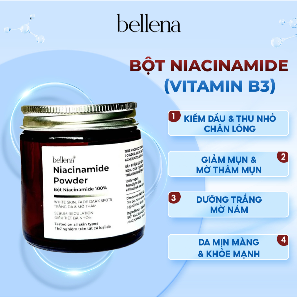 Bột Niacinamide Vitamine B3 Bellena Hỗ Trợ Trắng Da Mờ Thâm, Điều Tiết Bã Nhờn 100g BN