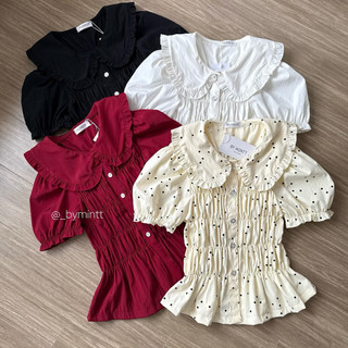OLIU TOP | Áo sơ mi nhún phối cổ bèo hoạ tiết chấm bi phong cách trẻ trung, năng động | ByMintt