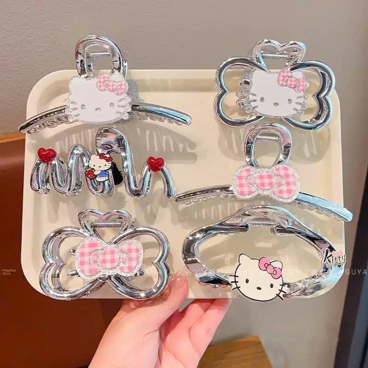 Kẹp Tóc Nhựa Tráng Gương Hình Nơ Và Mèo Kitty Dễ Thương – Phụ Kiện Tóc Nữ Xinh Xắn, Giữ Tóc Chắc Chắn