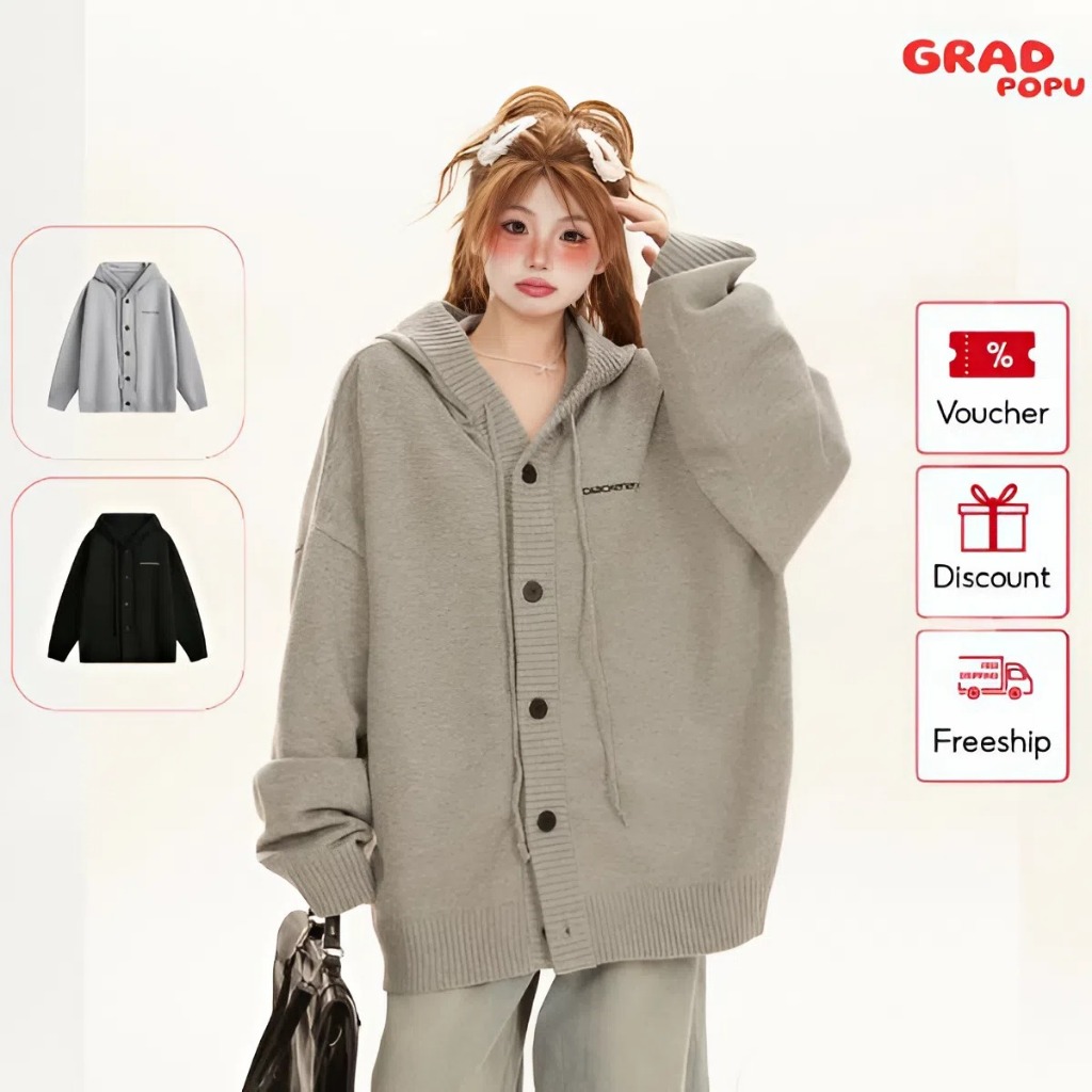 Áo len cardigan nữ GRADPOPU dệt kim có mũ trùm đầu dáng rộng thời trang oversize thu đông PAK38