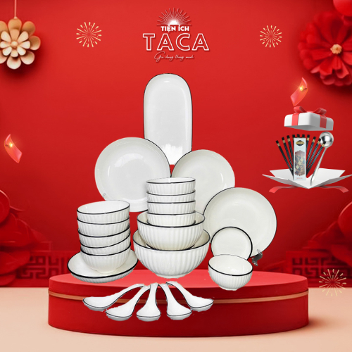 Taca, Bộ bát trắng viền đen gốm sứ tráng men cao cấp 26 món có đĩa xoài, bộ bát đĩa ăn cơm gia đình