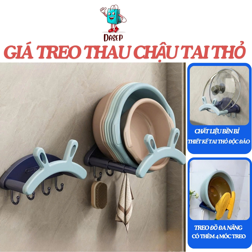 Giá Treo Thau Chậu Gắn Tường Có Móc Treo Khăn Thiết Kế Tai Thỏ, Giá Để Đồ Dùng Nhà Tắm Đa Năng Thiết Kế Tai Thỏ