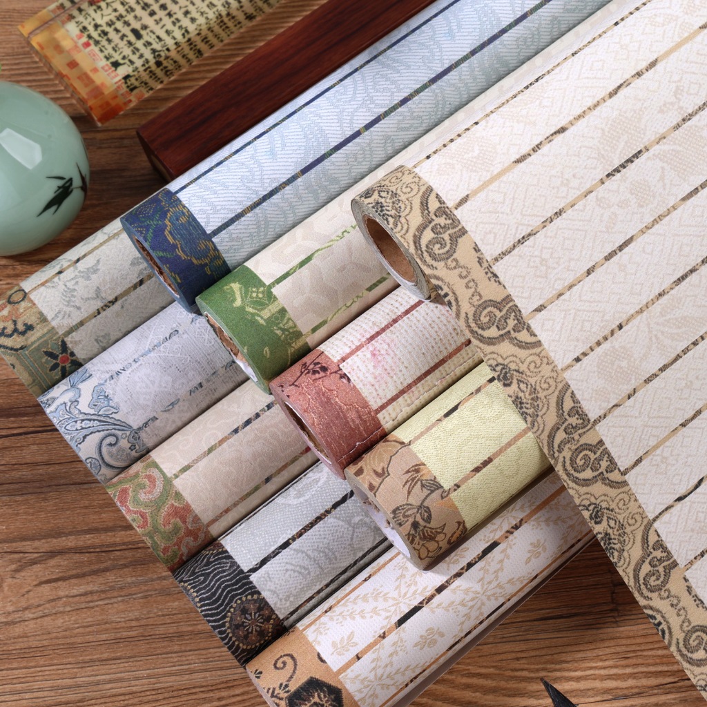 10 Mét Giấy Xuyến Chỉ Phủ Sáp Ô Dọc Hoa Văn Viền Gấm Truyền Thống Luyện Viết Thư Pháp