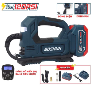 Máy Bơm Hơi Chạy Pin BOSHUN BS-BH120 – 120 PSI, 21V, Dùng Cho Ô Tô, Xe Máy, Xe Đạp – Đa Năng, Nhỏ Gọn, Dễ Dùng