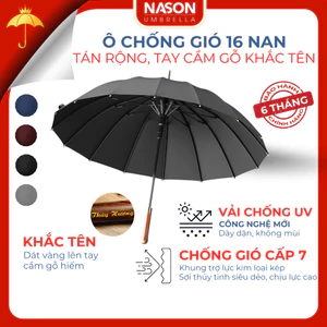 Ô dù tán rộng che nắng mưa H27 NASON 16 nan, khắc tên lên tay cầm gỗ, chống lật trong gió to cấp 7, chống UV