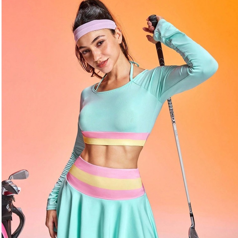 Đồ Tập Pickleball Nữ UYNSPORTY Áo Croptop Dài Tay Phối Sọc Cổ Yếm Chân Váy Ngắn, Bộ Đồ Pickleball Nữ